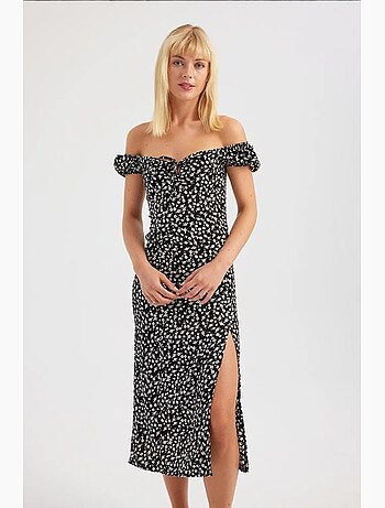 Vestido midi floral con hombros descubiertos y abertura lateral hiccup