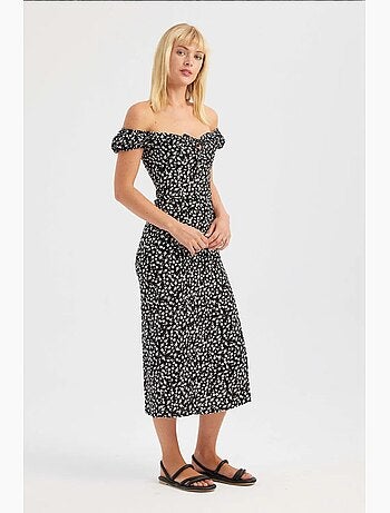 Vestido midi floral con hombros descubiertos y abertura lateral hiccup