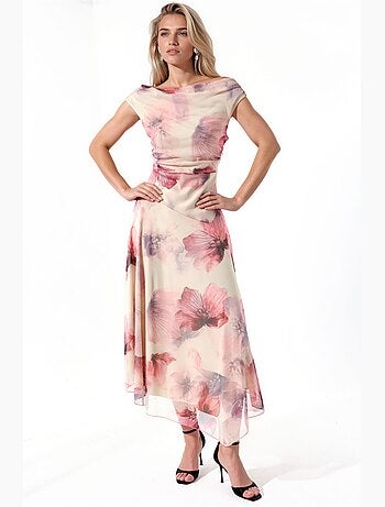 Vestido midi floral de corte a con cuello asimétrico hiccup