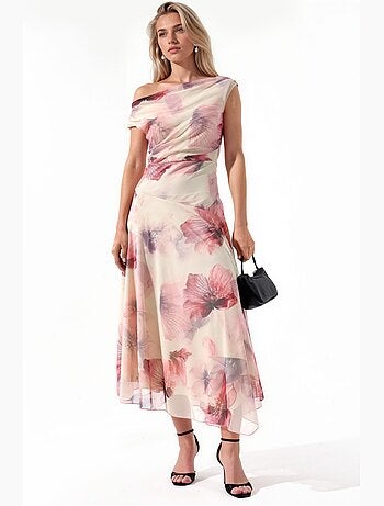 Vestido midi floral de corte a con cuello asimétrico hiccup