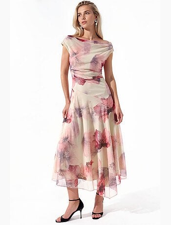 Vestido midi floral de corte a con cuello asimétrico hiccup