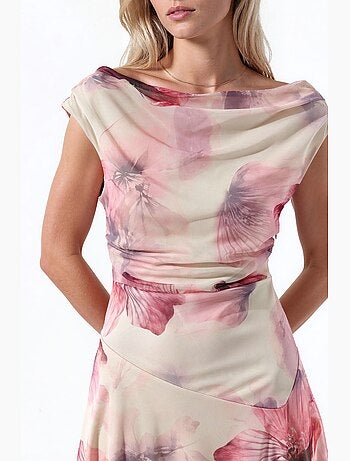 Vestido midi floral de corte a con cuello asimétrico hiccup