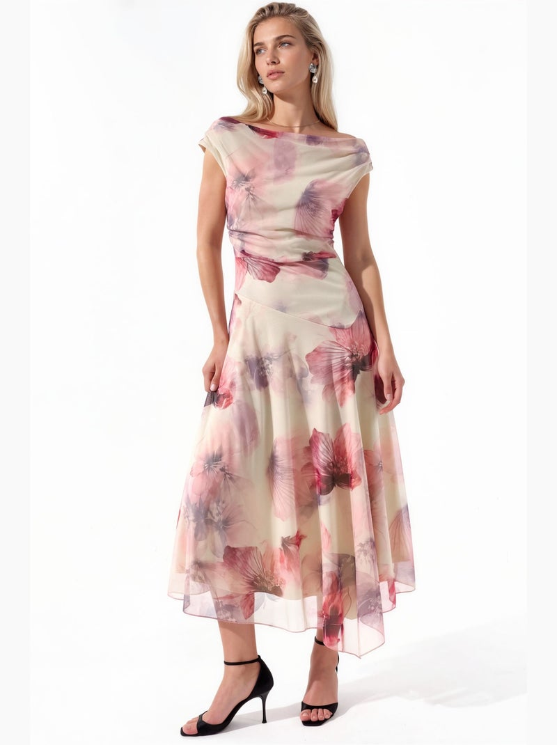 Vestido midi floral de corte a con cuello asimétrico hiccup Crema - Kiabi