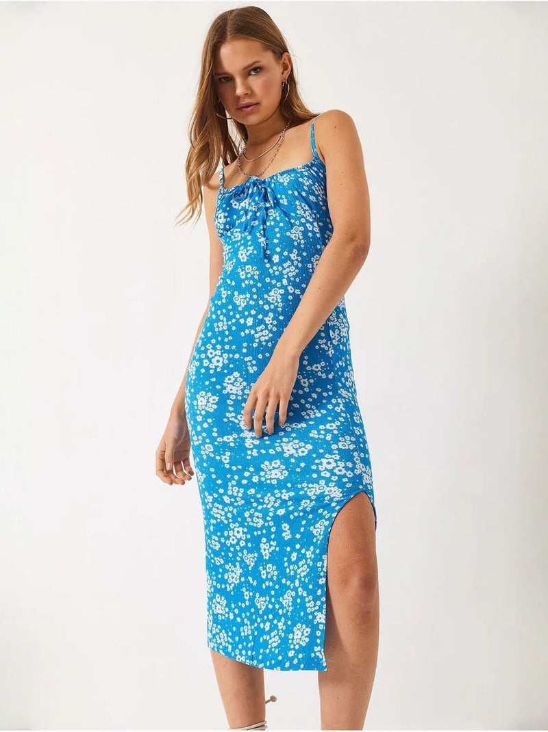 Vestido midi floral de escote cuadrado lucci Azul eléctrico - Kiabi