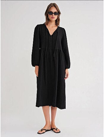 Vestido midi holgado con cuello en v y cierre de lazo mixray