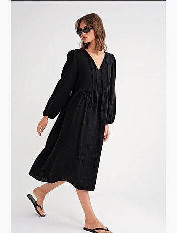 Vestido midi holgado con cuello en v y cierre de lazo mixray