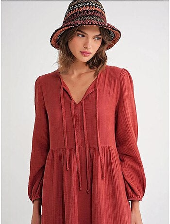 Vestido midi holgado con cuello en v y cierre de lazo mixray