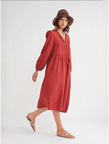 Vestido midi holgado con cuello en v y cierre de lazo mixray