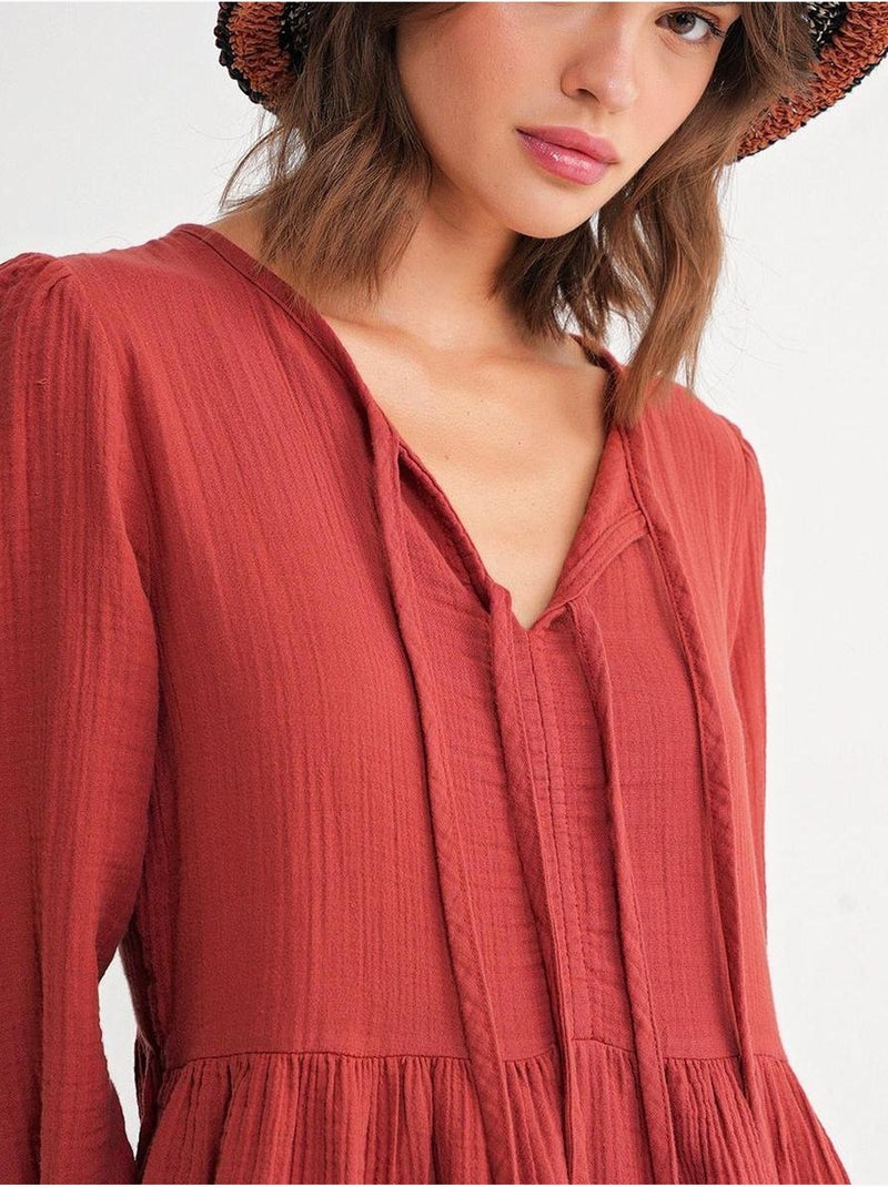 Vestido midi holgado con cuello en v y cierre de lazo mixray Rojo oscuro - Kiabi