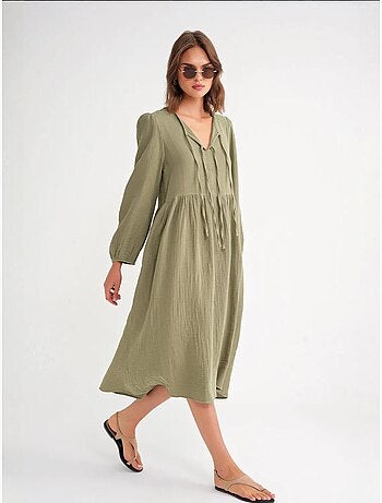 Vestido midi holgado con cuello en v y cierre de lazo mixray