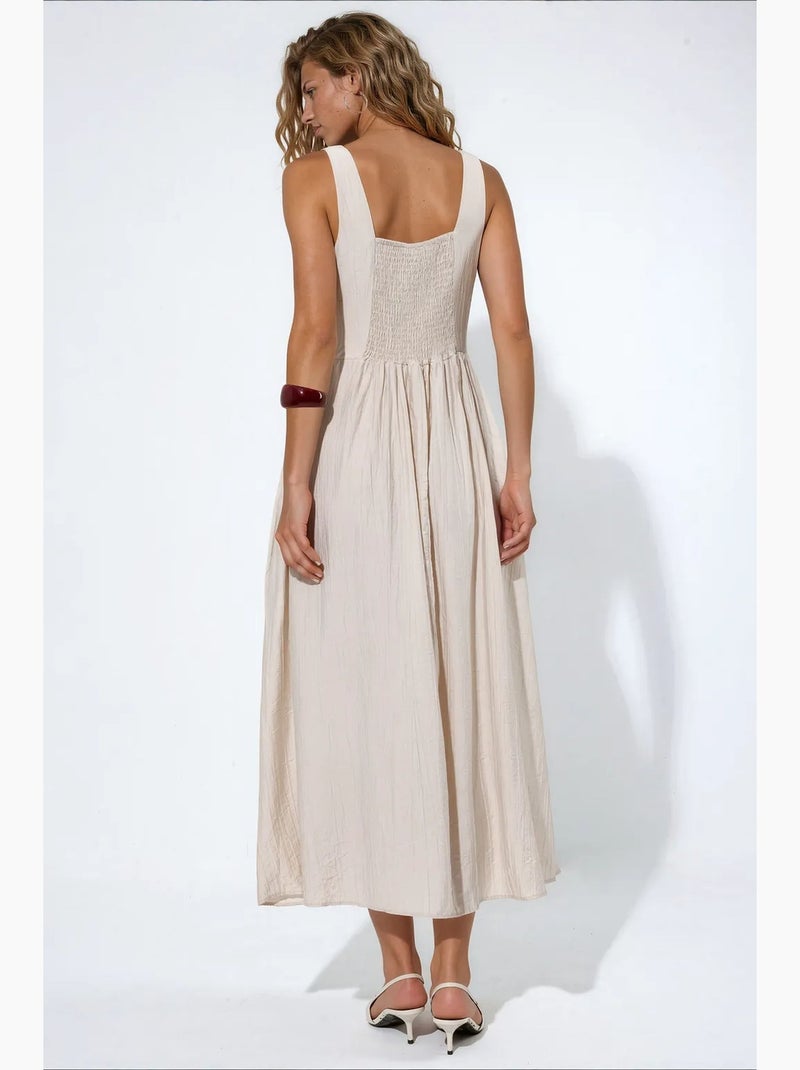 Vestido midi liso con cuello cuadrado busem Beige arcilla - Kiabi