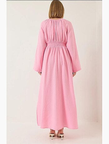 Vestido midi muselina con escote en v y cintura fruncida lucci