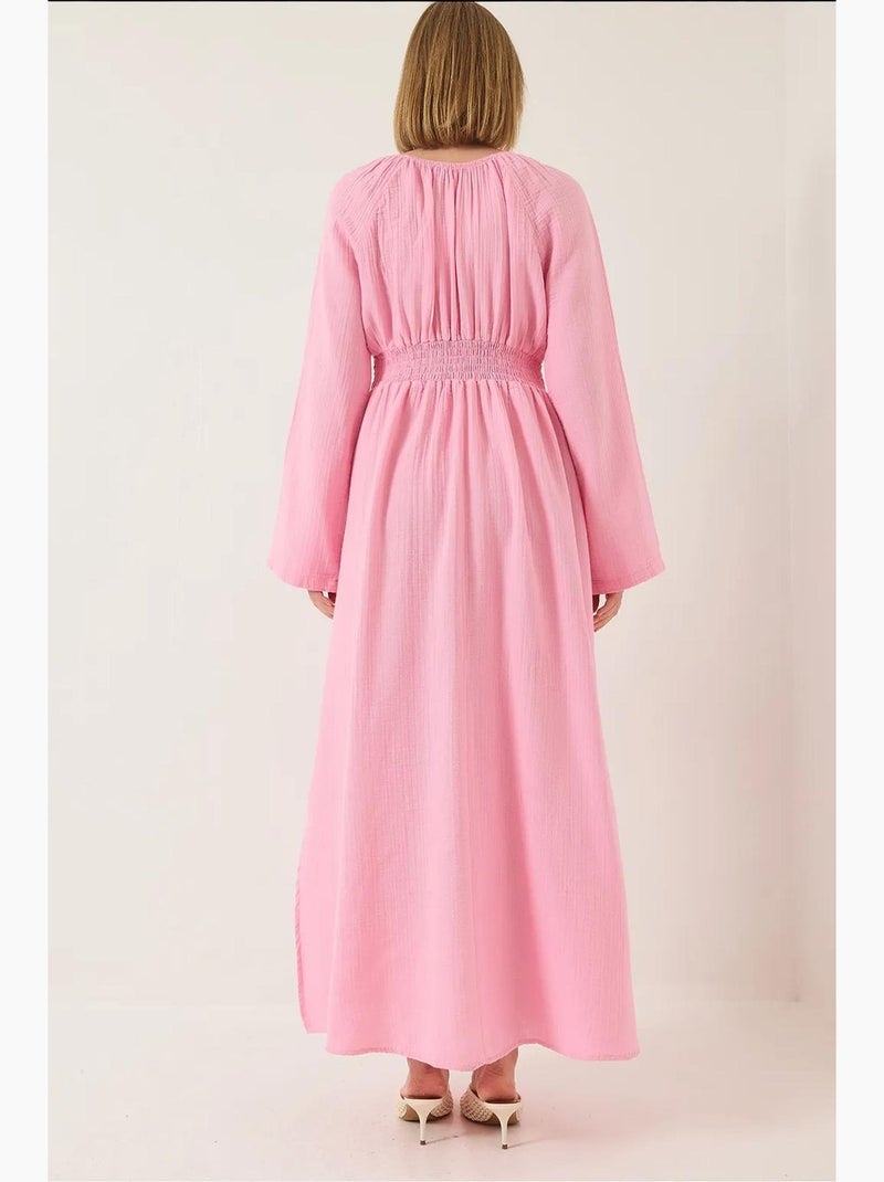 Vestido midi muselina con escote en v y cintura fruncida lucci Rosa fluo/Solinotes - Kiabi