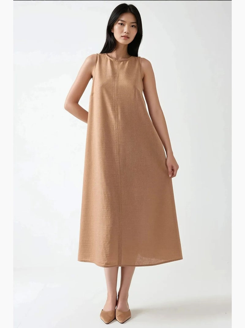 Vestido midi sin mangas con cuello redondo y tacto de lino hiccup Camel - Kiabi