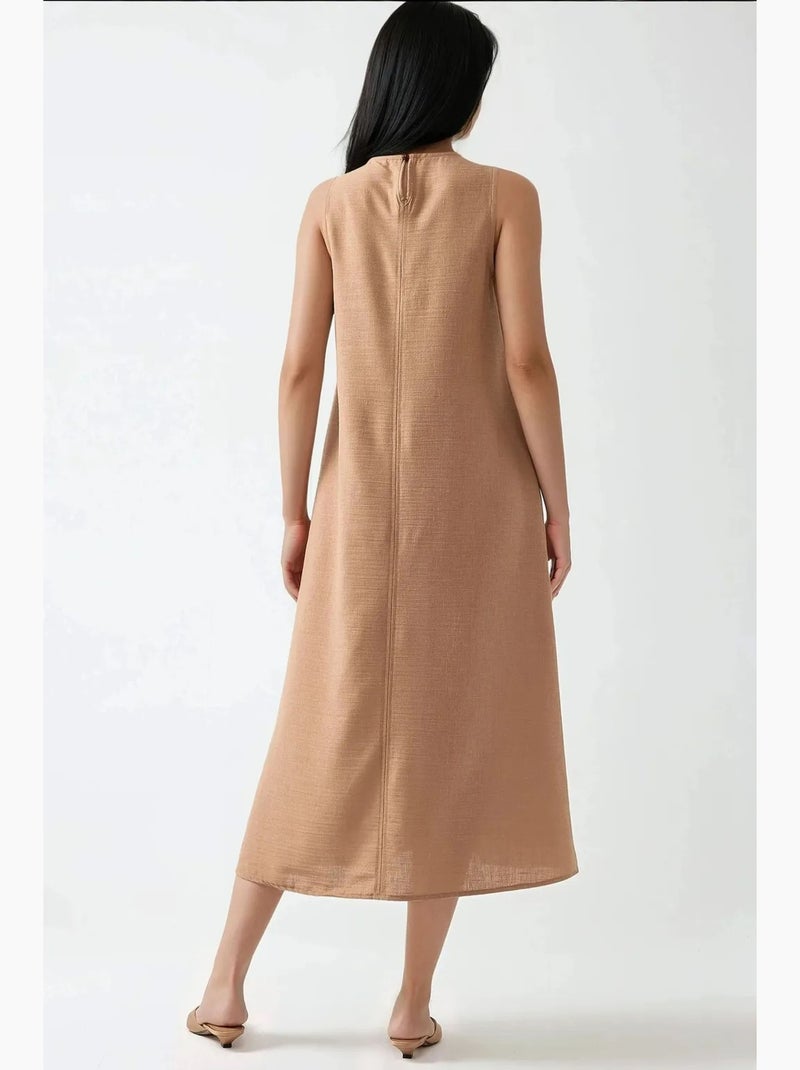 Vestido midi sin mangas con cuello redondo y tacto de lino hiccup Camel - Kiabi