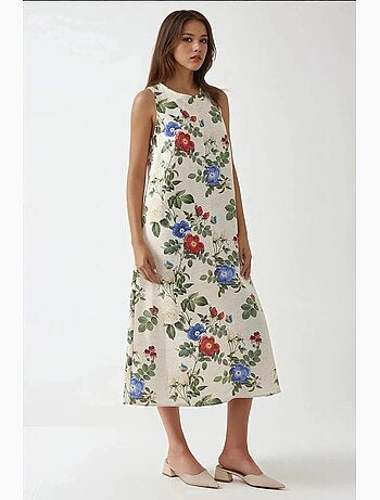 Vestido midi sin mangas con cuello redondo y tacto de lino hiccup