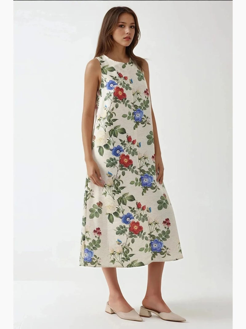 Vestido midi sin mangas con cuello redondo y tacto de lino hiccup Crema - Kiabi