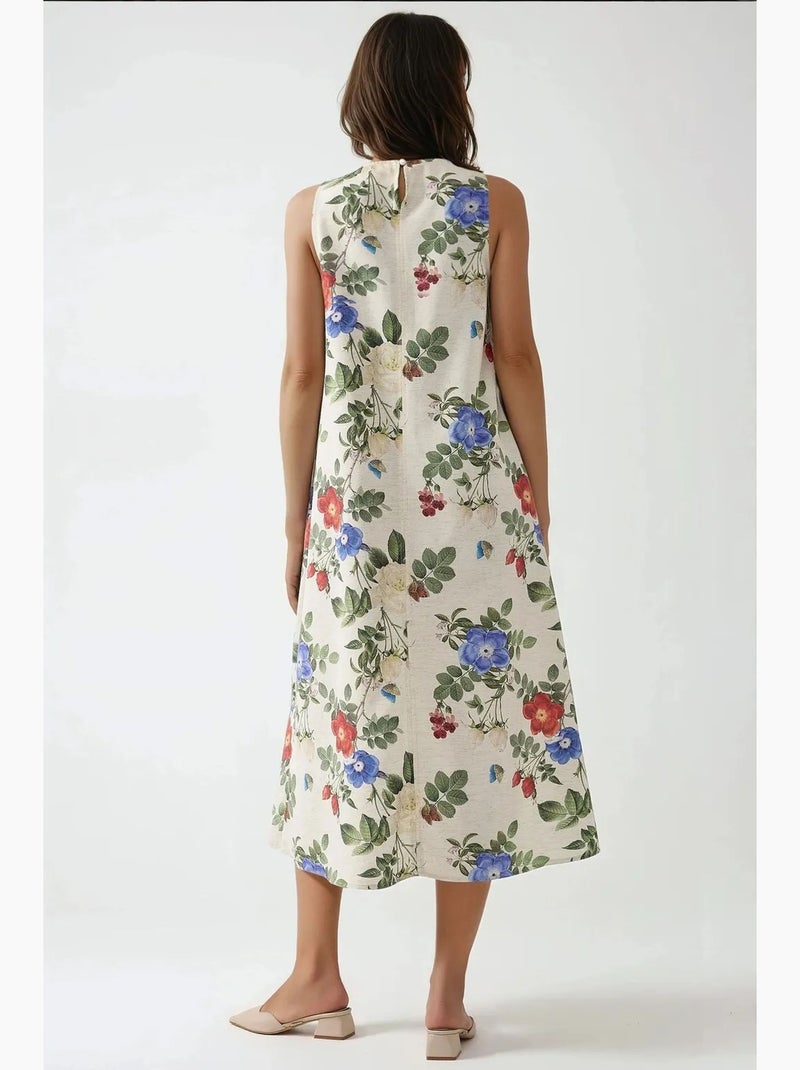 Vestido midi sin mangas con cuello redondo y tacto de lino hiccup Crema - Kiabi