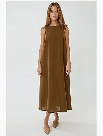 Vestido midi sin mangas con cuello redondo y tacto de lino hiccup