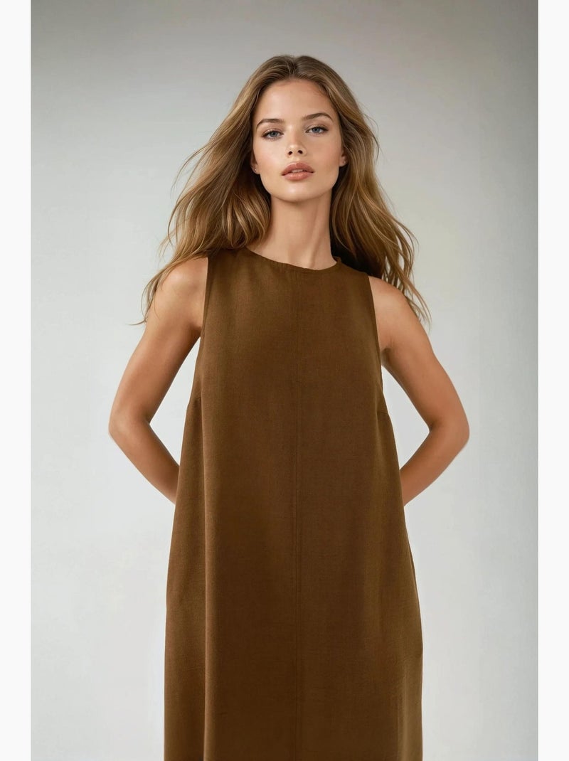 Vestido midi sin mangas con cuello redondo y tacto de lino hiccup Marrón - Kiabi