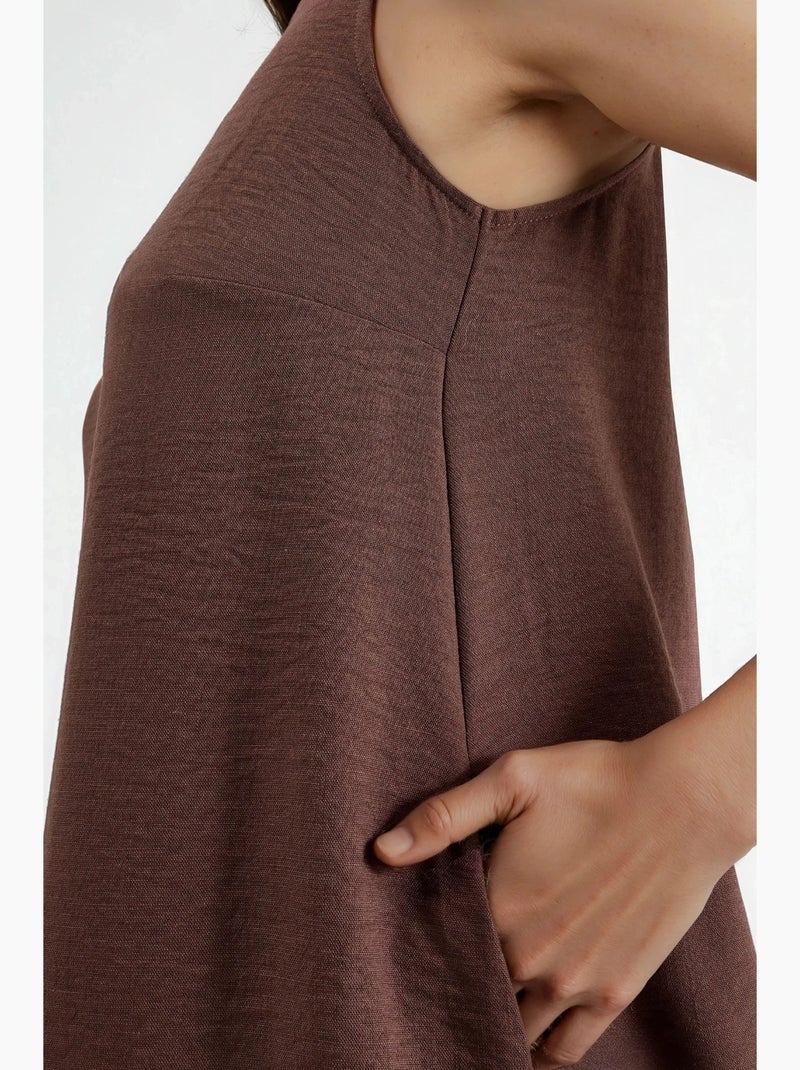 Vestido midi sin mangas con cuello redondo y tacto de lino hiccup Marrón oscuro - Kiabi