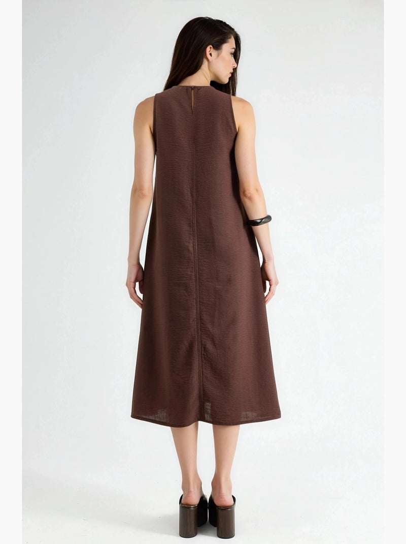 Vestido midi sin mangas con cuello redondo y tacto de lino hiccup Marrón oscuro - Kiabi