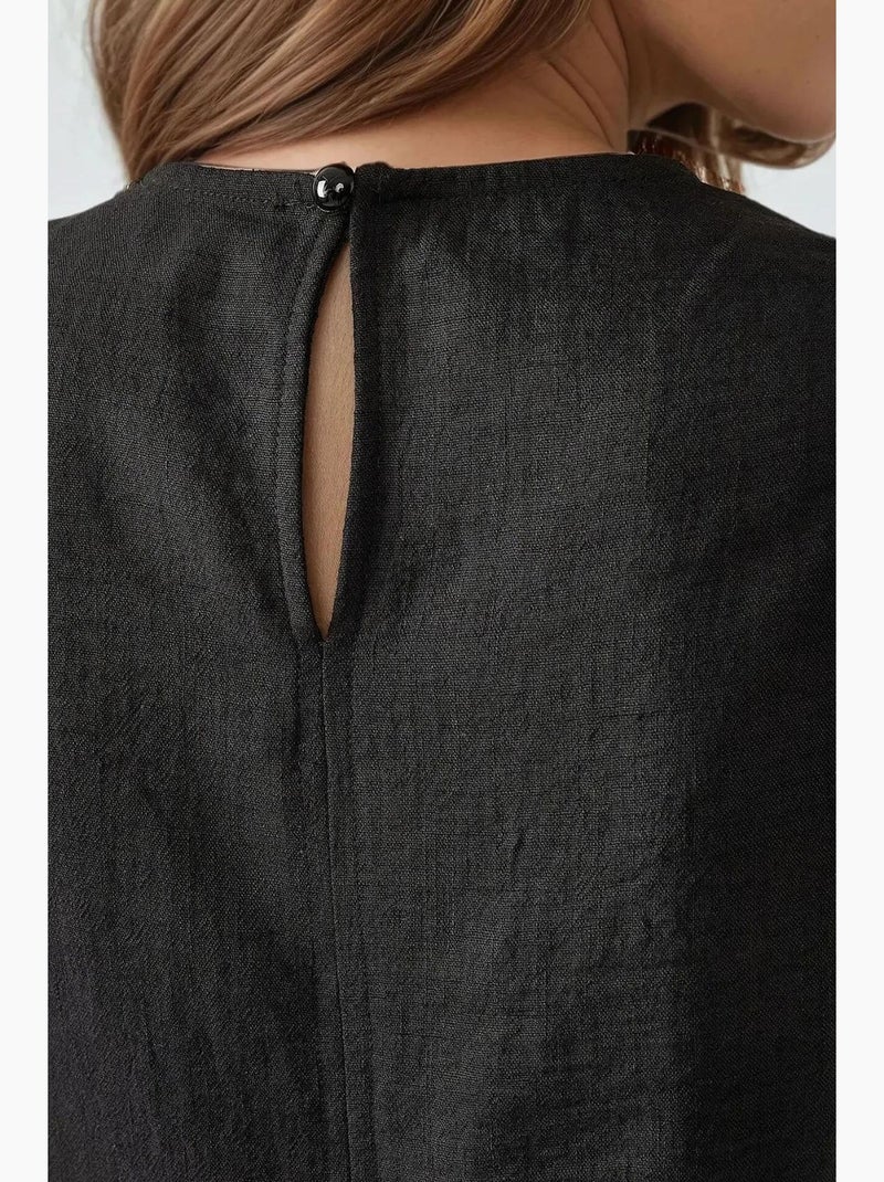 Vestido midi sin mangas con cuello redondo y tacto de lino hiccup Negro - Kiabi