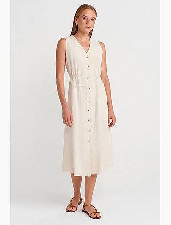 Vestido midi sin mangas con escote en v y botones dilvin