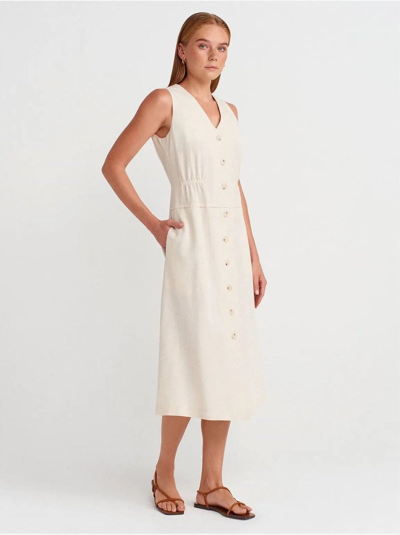 Vestido midi sin mangas con escote en v y botones dilvin Crema - Kiabi