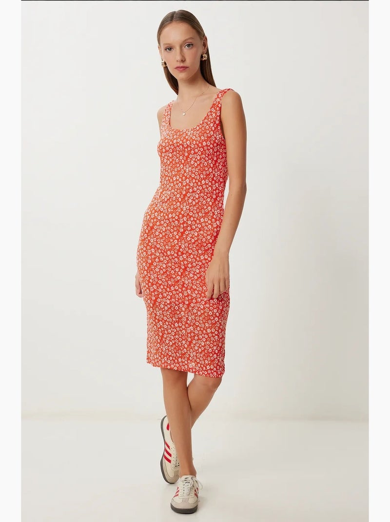 Vestido midi sin mangas con estampado floral y cuello en u de istanbul Naranja mandarina - Kiabi