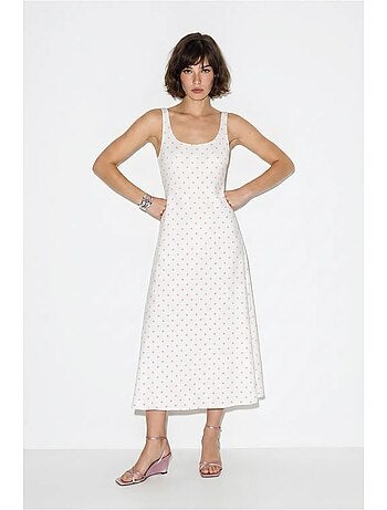 Vestido midi sin mangas de lunares con detalle de lazada lucci