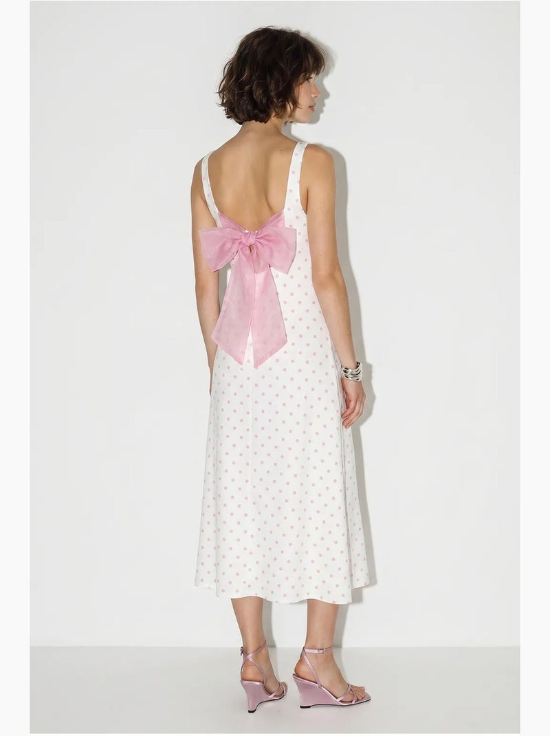 Vestido midi sin mangas de lunares con detalle de lazada lucci Blanco - Kiabi
