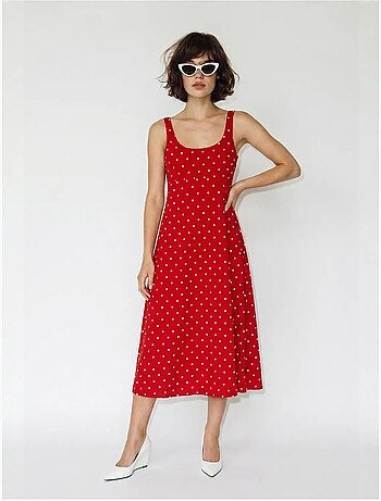 Vestido midi sin mangas de lunares con detalle de lazada lucci