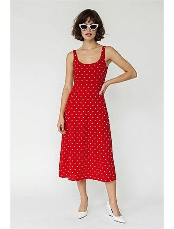Vestido midi sin mangas de lunares con detalle de lazada lucci