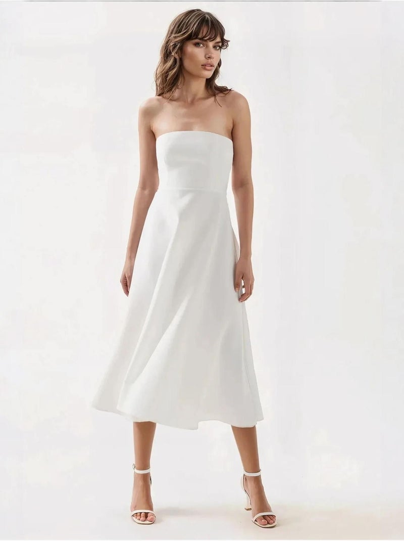Vestido midi sin tirantes con corte en A Blanco - Kiabi