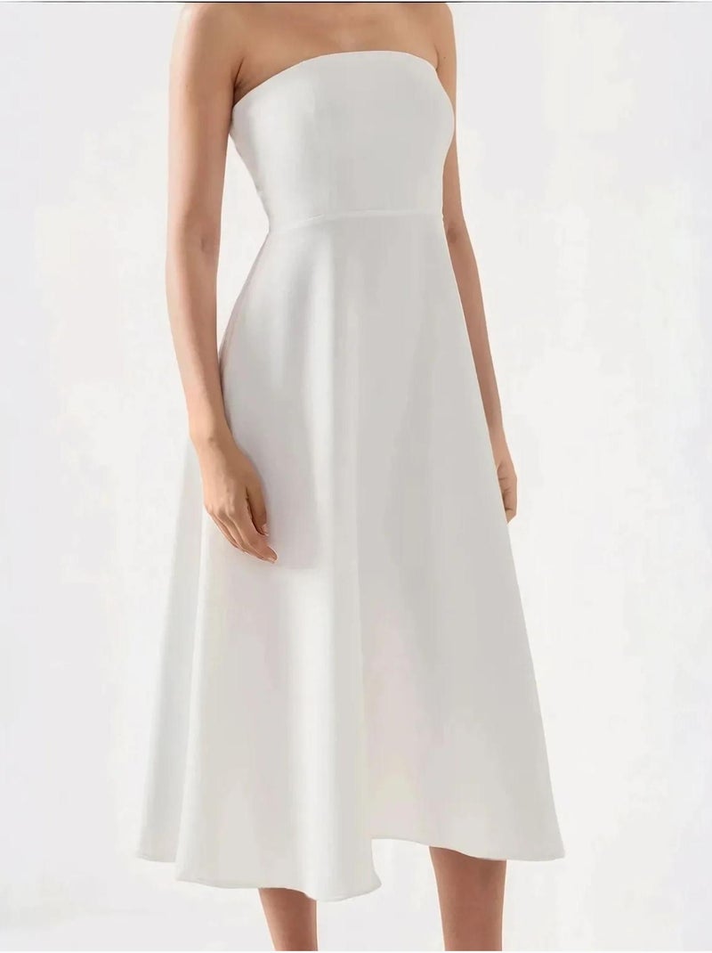 Vestido midi sin tirantes con corte en A Blanco - Kiabi
