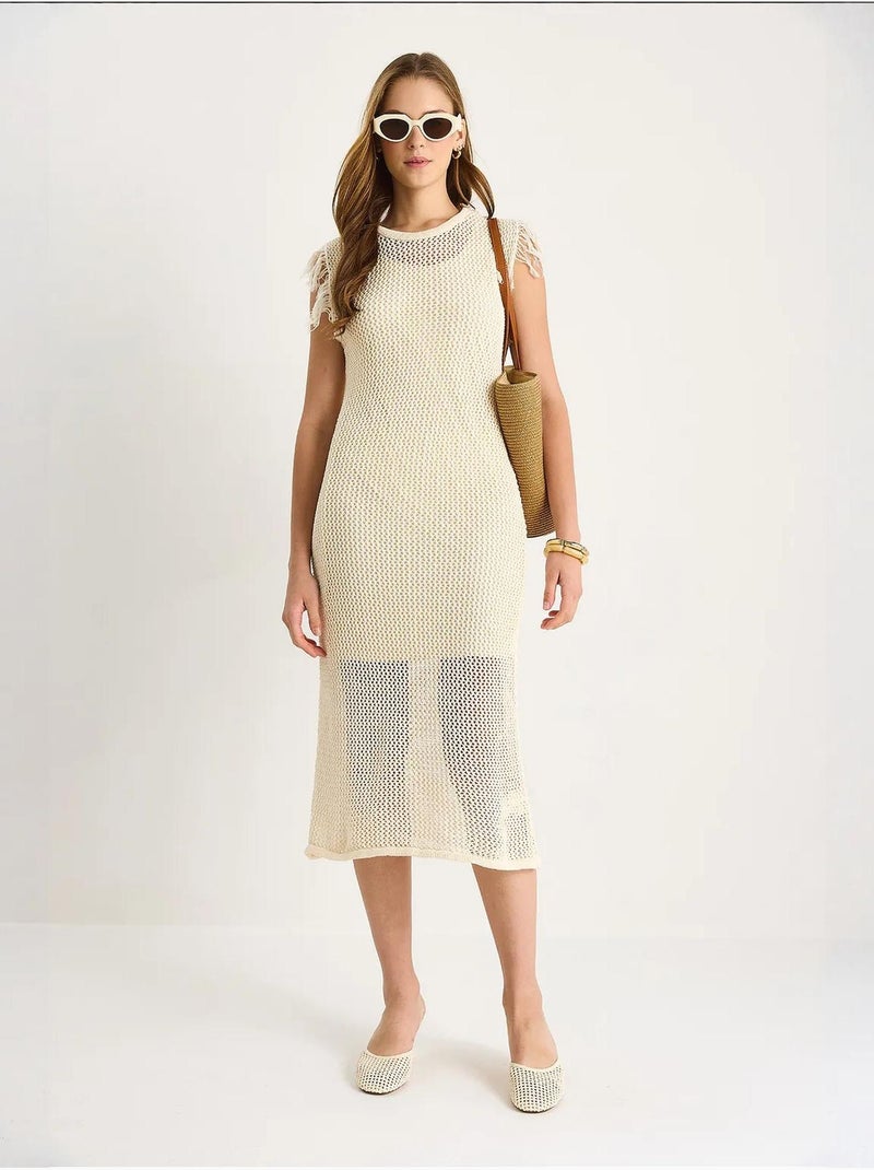 Vestido midi texturizado con detalle de volantes lucci Marfil - Kiabi