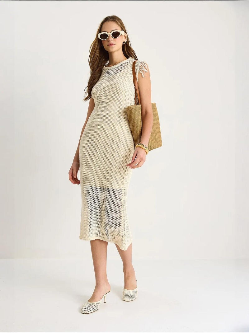 Vestido midi texturizado con detalle de volantes lucci Marfil - Kiabi