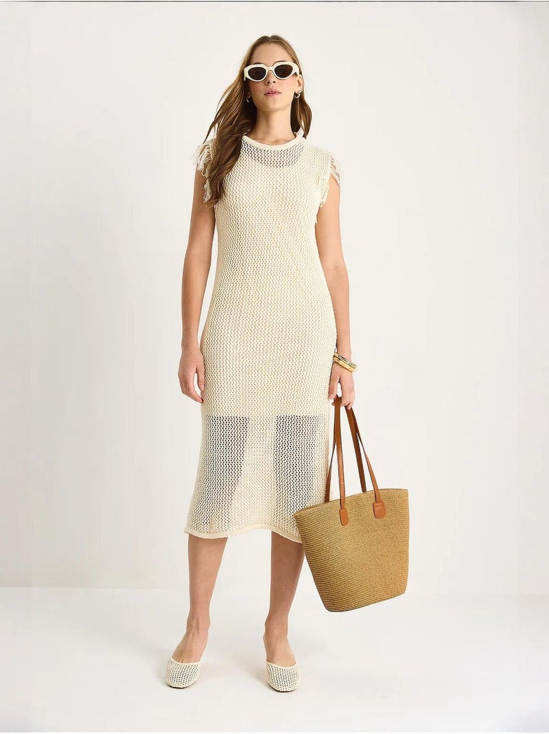 Vestido midi texturizado con detalle de volantes lucci Marfil - Kiabi