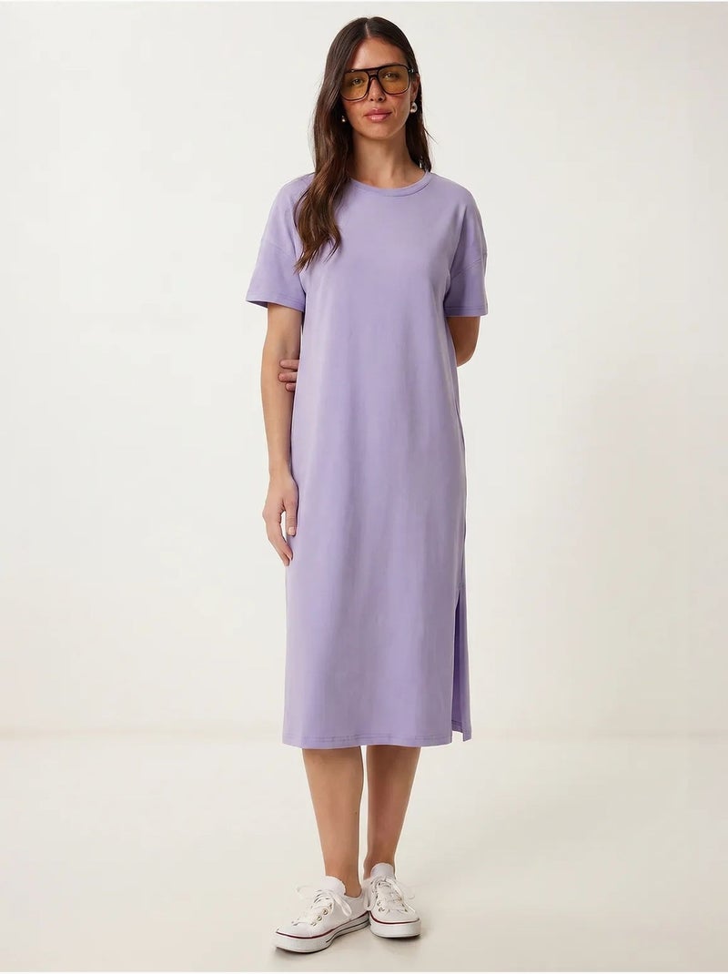 Vestido midi tipo camiseta de algodón con cuello redondo istanbul Lavanda - Kiabi