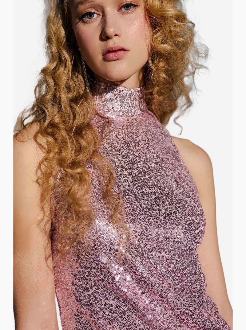 Vestido mini ajustado con cuello halter y lentejuelas hiccup Rosa - Kiabi