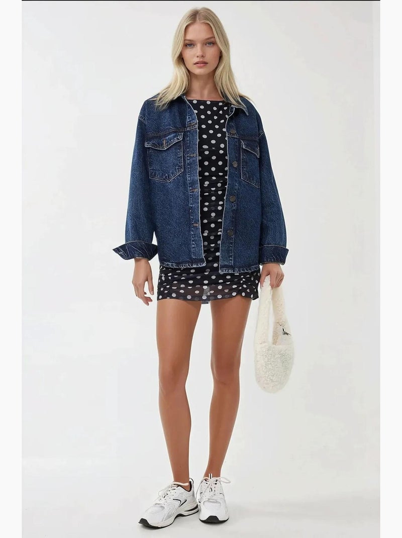 Vestido mini ajustado con estampado de lunares y cuello barco hiccup Azul marino - Kiabi