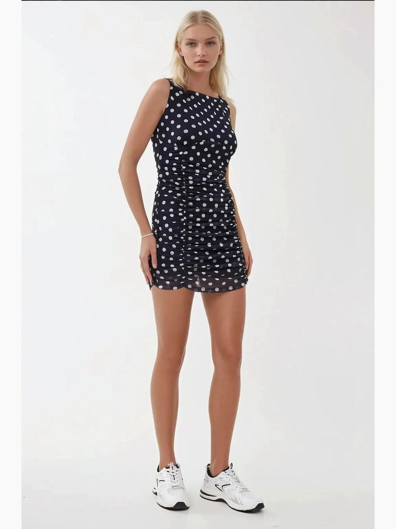 Vestido mini ajustado con estampado de lunares y cuello barco hiccup Azul marino - Kiabi