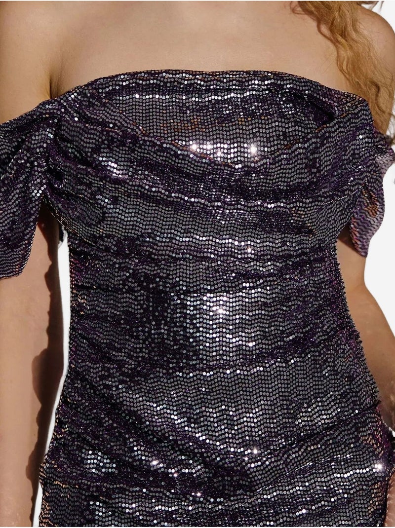 Vestido mini ajustado con lentejuelas y cuello vuelto Violeta - Kiabi