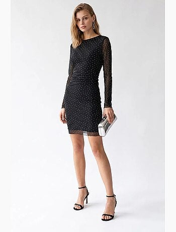 Vestido mini ajustado con lentejuelas y detalle de piedra mixray