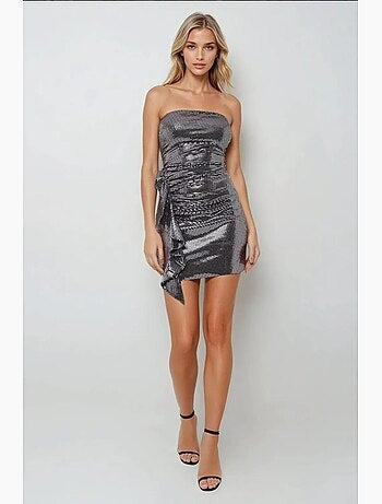 Vestido mini ajustado con lentejuelas y detalle drapeado, sin tirantes hiccup