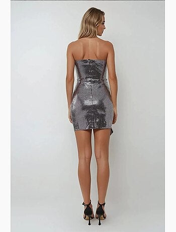 Vestido mini ajustado con lentejuelas y detalle drapeado, sin tirantes hiccup