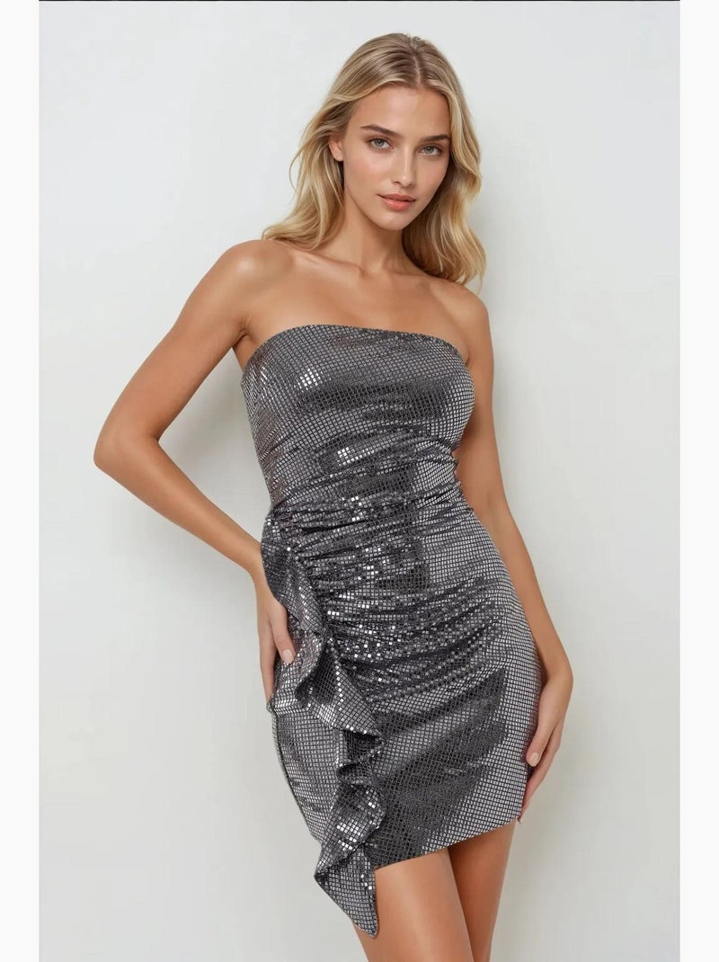 Vestido mini ajustado con lentejuelas y detalle drapeado, sin tirantes hiccup Plata - Kiabi