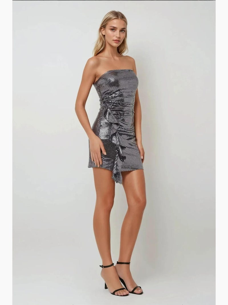 Vestido mini ajustado con lentejuelas y detalle drapeado, sin tirantes hiccup Plata - Kiabi