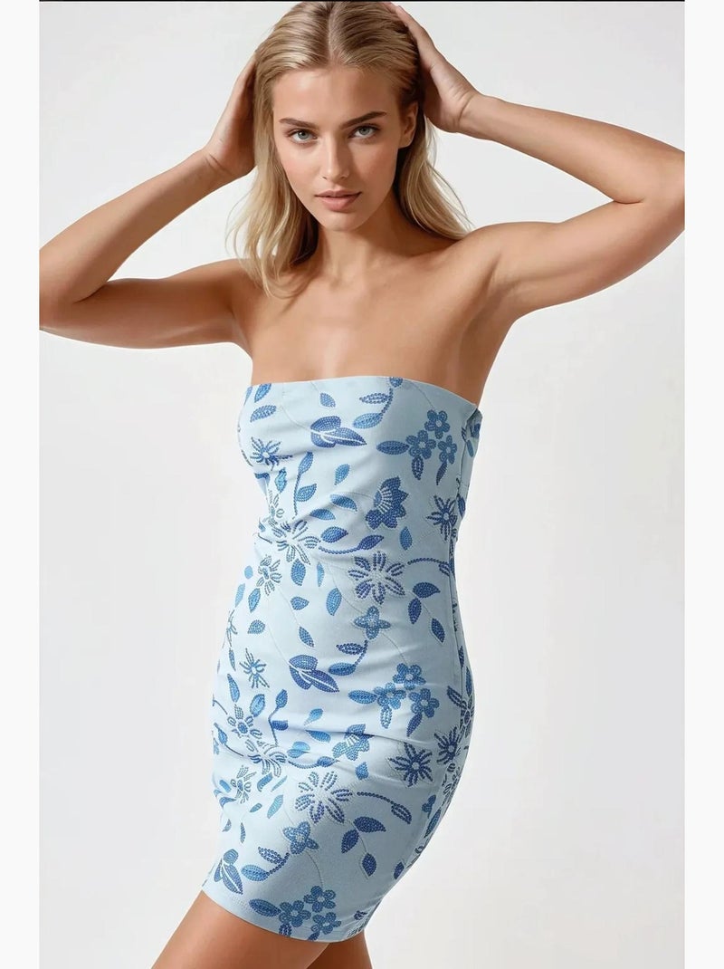 Vestido mini ajustado con textura y sin tirantes hiccup Azul - Kiabi